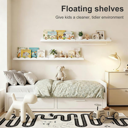 16.5 Inch Set 4, Fixwal Nursery Shelves, Floating Bookshelves for Wall of Scalloped Wall Book Shelves with Towel Rack