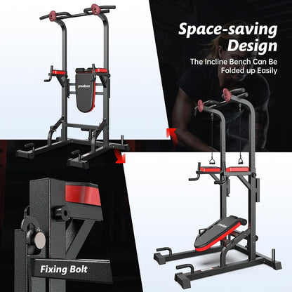 Power Tower Dip Station Pull Up Bar for Fitness Home Gym Workout,Multi-Function Adjustable Height Fitness Strength Training Exercise Equipment,with Power Elastic Ropes
