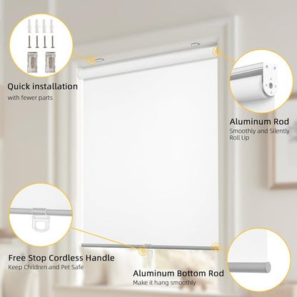ChrisDowa 100% Blackout Roller Blinds - Cordless, Thermal Insulated, UV Protection | White, 31" W X 72" H