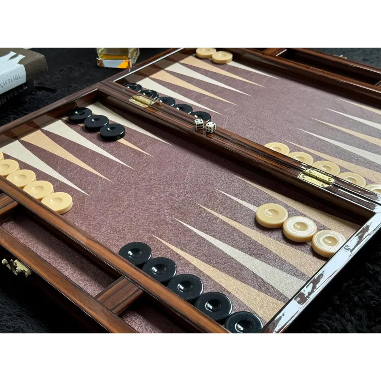 Turkish Backgammon Set for Adults, 19 Inch Luxury Ebony & Leather Backgammon Board, Premium Foldable Travel Game with Acrylic Checkers & Dice, Elegant Gift Choice for 2 Players