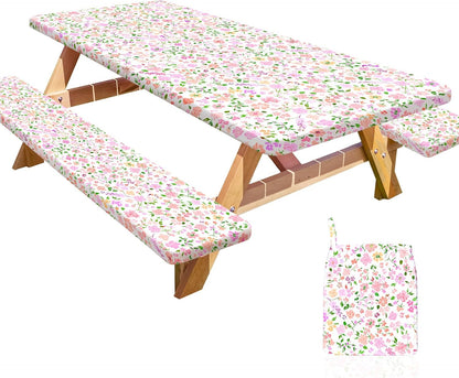 HobbLab Rv,72in,Pink Picnic Table Cover with Bench Covers Portable Table Cloth Built-in Storage Pocket Fitted