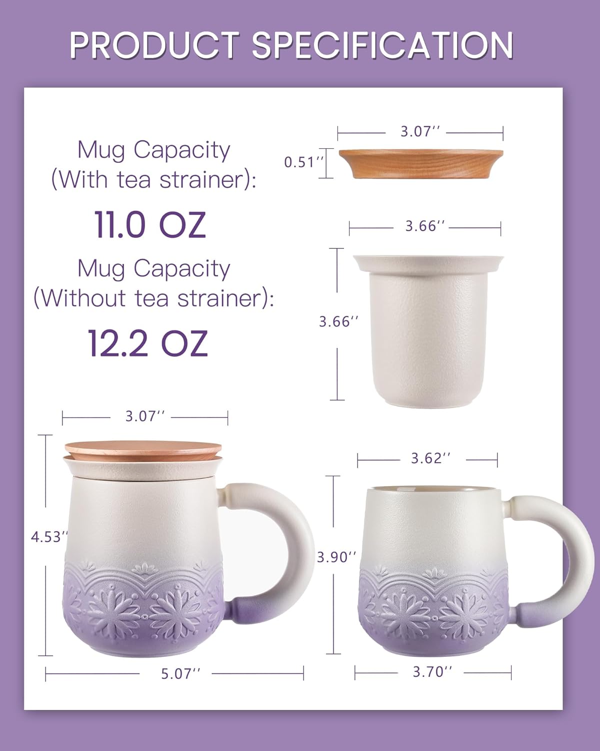 11 oz ZENS Tea Mug with Infuser and Lid for Loose Leaf Tea Steeper, Embossed Ceramic Tea Cup with Strainers. Wood Lid