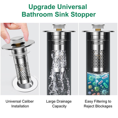 Bathroom Sink Drain Strainer,Universal Pop-Up Sink Stopper Hair Catcher, Anti-Clog Stainless Steel Drain Filter Basket, Removable Sink Drain for Bathroom Sink Stopper