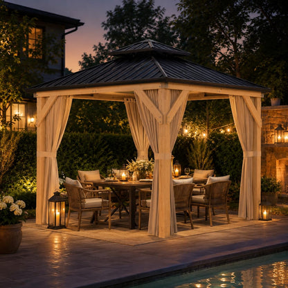 10x10 FT Hardtop Gazebo Outdoor Wooden Pavilion with Cedar Wood Frame Double Galvanized Steel Roof Netting and Curtains Heavy Duty Weather Resistant Patio Shelter for Garden Backyard Khaki