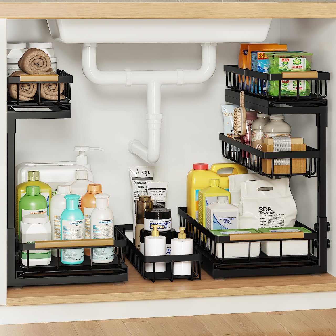 Aekenr Under Sink Organizer and Storage for Bathroom and Kitchen - 2 Pack 3 Tier Under Cabinet Pull Out Shelf Organizers - Slide Out Drawer Organization for Home Cabinets Shelves and Drawers