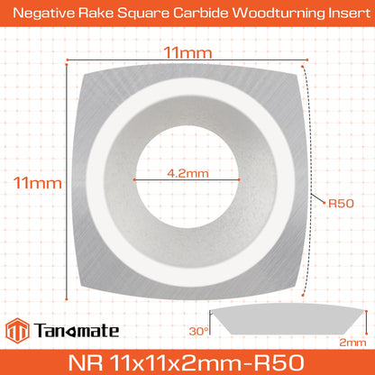 TANOMATE Negative Rake 11x11x2.0mm-R50 with Screws Carbide Replacement Inserts Cutter for Woodturning Lathe Tools.