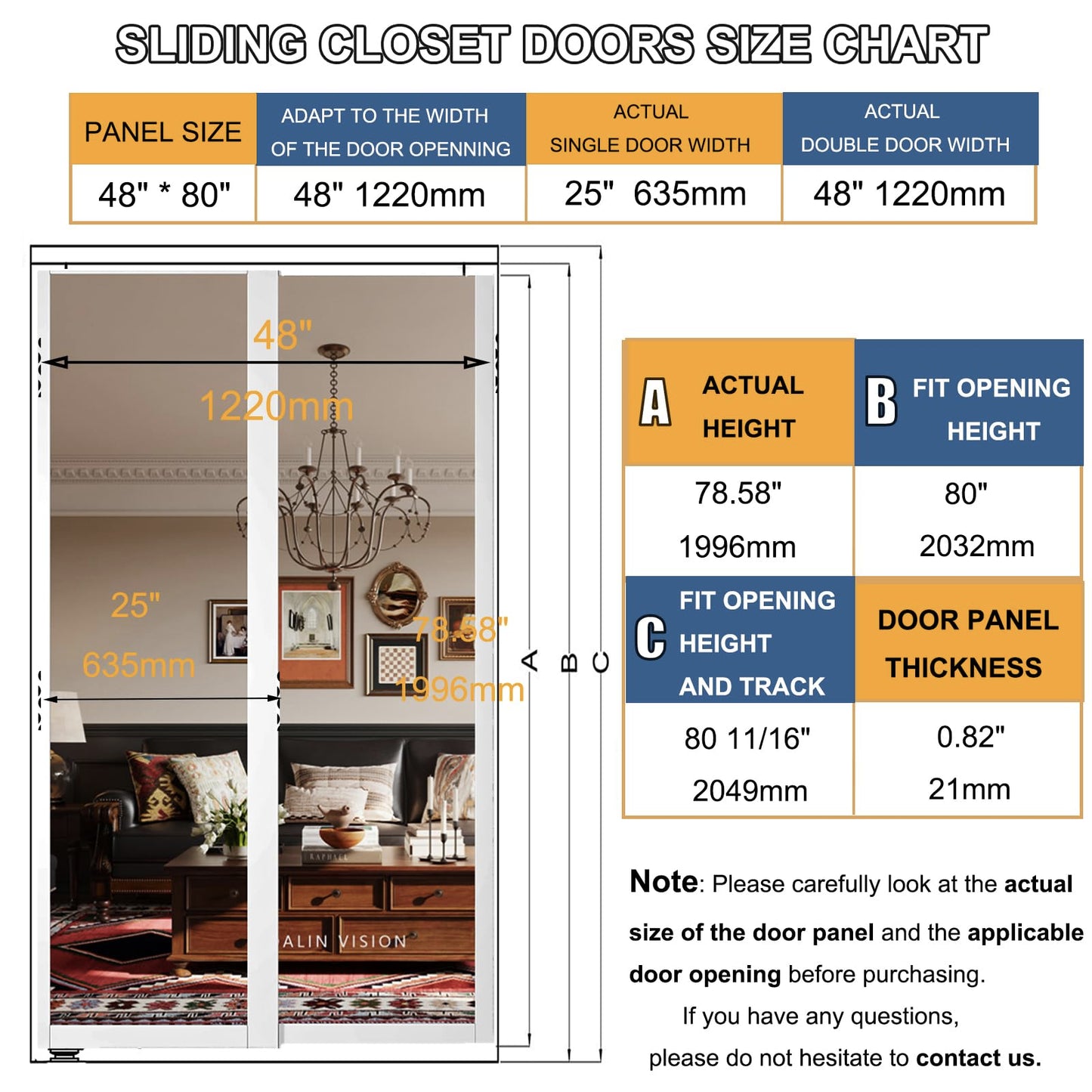 SOLRIG Closet Doors, 60"(Double 30.98") x 80" Mirror Closet Doors,1-Lite Mirror Sliding Door with Hardware Track Kit & Floor Guide, Finished Doors 2 Panels, MDF, White