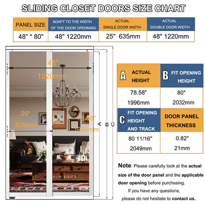 SOLRIG Closet Doors, 60"(Double 30.98") x 80" Mirror Closet Doors,1-Lite Mirror Sliding Door with Hardware Track Kit & Floor Guide, Finished Doors 2 Panels, MDF, White