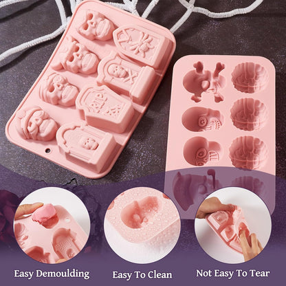 2Pcs Halloween Silicone Mold Skull Tomb Brain Fondant Molds for Gummy Jello Candy Chocolate Baking Decoration