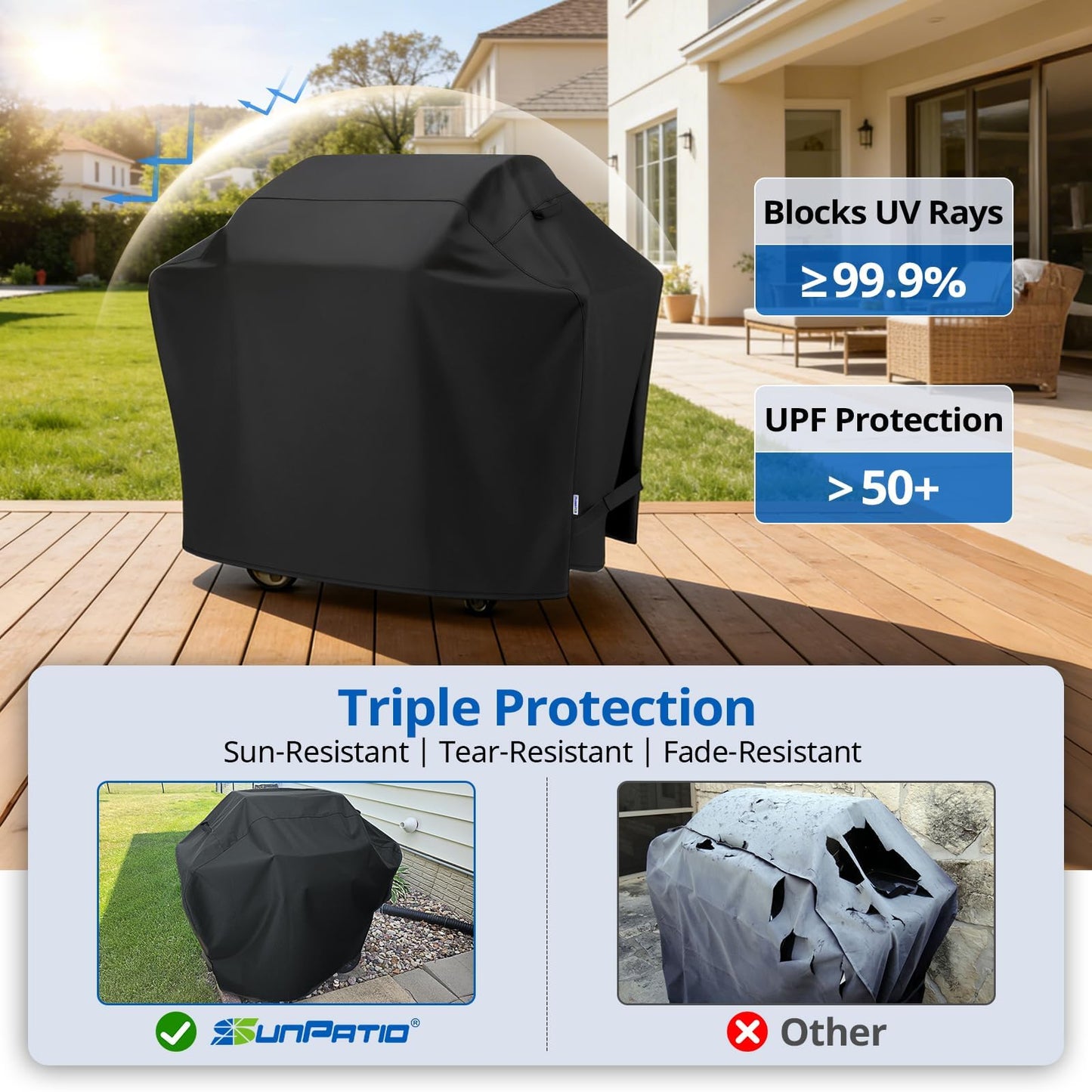 SunPatio Grill Cover 55 Inch, Outdoor Heavy Duty Waterproof Barbecue Gas Cover, UV & Fade Resistant, All Weather Protection Compatible for Weber Charbroil Nexgrill Kenmore Grills and More, Black