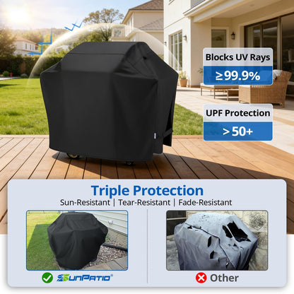 SunPatio Grill Cover 55 Inch, Outdoor Heavy Duty Waterproof Barbecue Gas Cover, UV & Fade Resistant, All Weather Protection Compatible for Weber Charbroil Nexgrill Kenmore Grills and More, Black