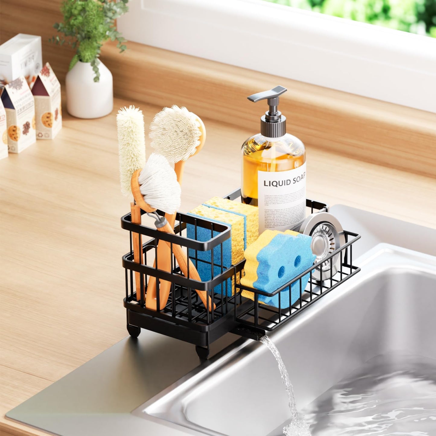Consumest Sponge Holder for Kitchen Sink - Auto Draining Sink Caddy Organizer with Detachable Rack, High Brush Holder, Kitchen Countertop Storage Accessories, Black