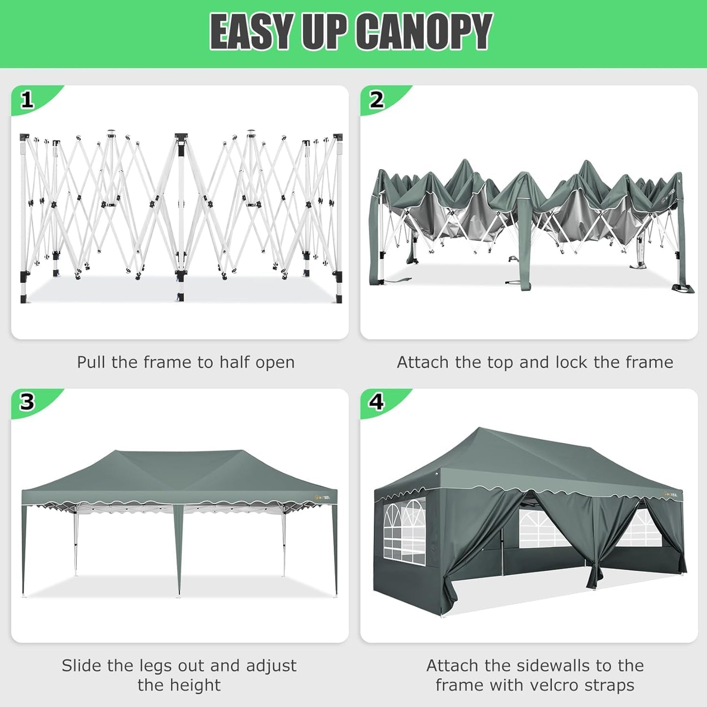 HOTEEL 10x20 Pop up Canopy Tent with 6 sidewalls Easy Up Commercial Outdoor Wedding Party Tents for Parties All Season Wind & Waterproof Gazebo Roller Bag, Gray