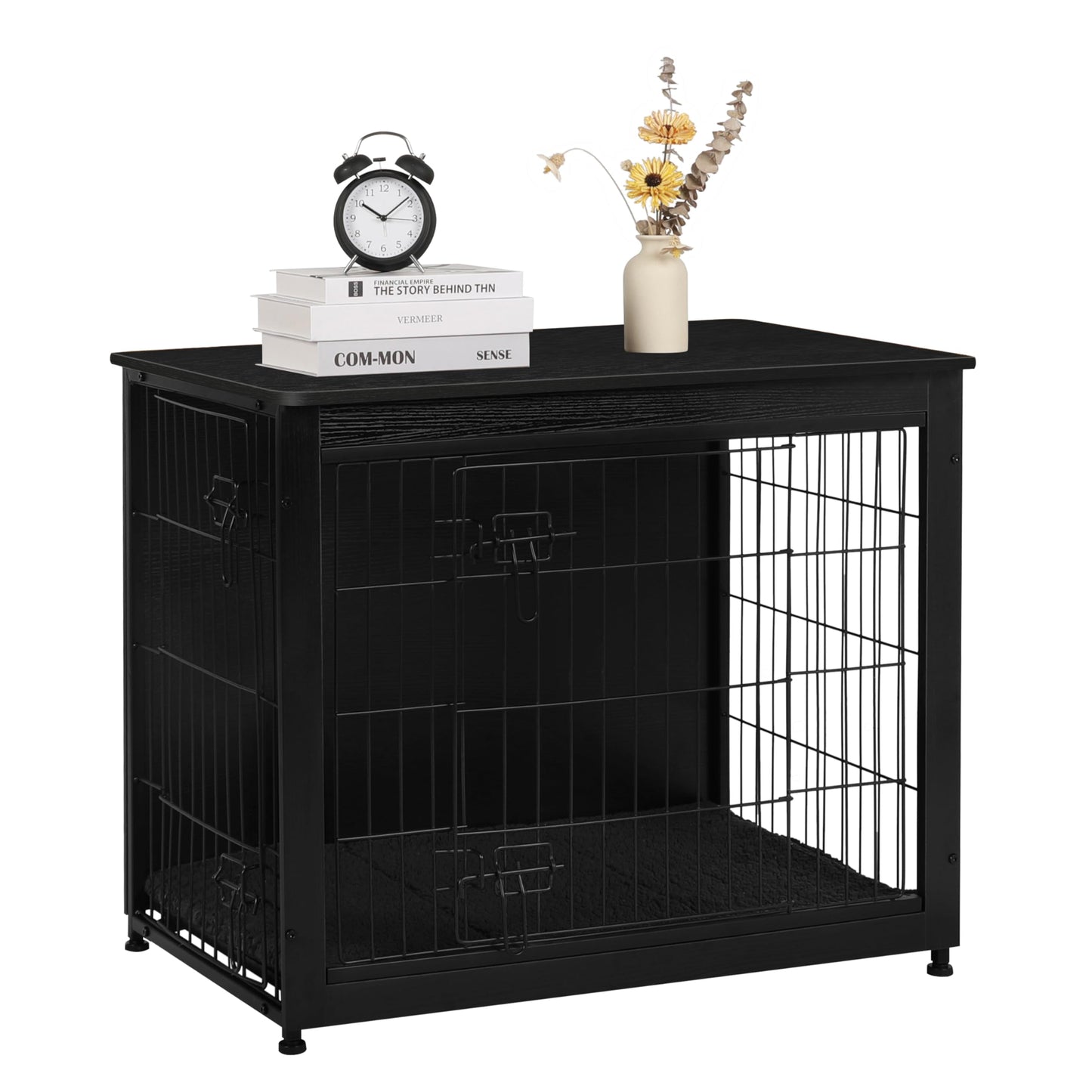 DWANTON Dog Crate Furniture with Cushion, Wooden Kennel Table with Double Doors, Indoor Dog House, Medium Size, 32.5" L, Black
