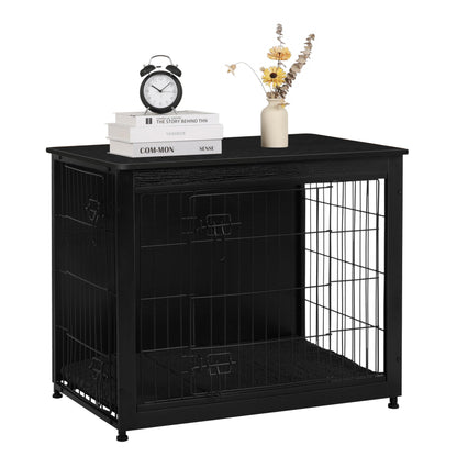 DWANTON Dog Crate Furniture with Cushion, Wooden Kennel Table with Double Doors, Indoor Dog House, Medium Size, 32.5" L, Black
