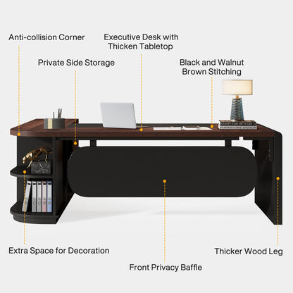 Tribesigns 80'' L-Shaped Desk Set of 4, Large Executive Office Desk with 55'' Drawers Cabinet, Modern Computer Table with Storage Shelves, Business Furniture for Office, Walnut & Black