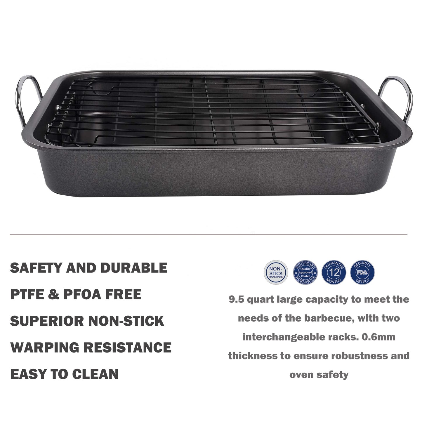 kitCom Nonstick Roasting Pan, Roaster with Rack - 16 Inch Rectangular Grill Suitable for Turkey, Roast Chicken, Ham, Dishwasher Safe (9.5QT)