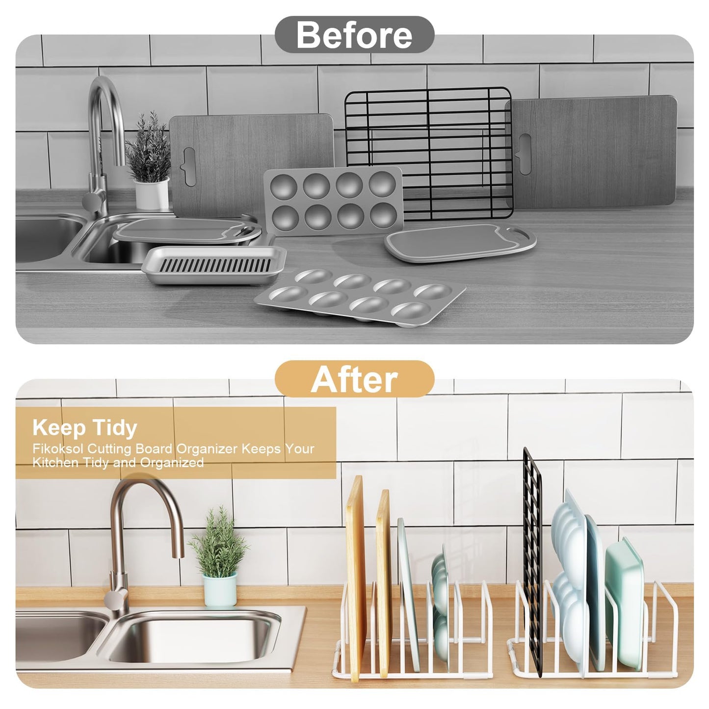 Fikoksol Cutting Board Organizer and Baking Sheet Rack, [1-Pack] White Heavy Duty Metal Cookie Sheet Organizer for Cutting Board Storage & Plate Holder for Cabinet, Tray Dividers for Cabinets