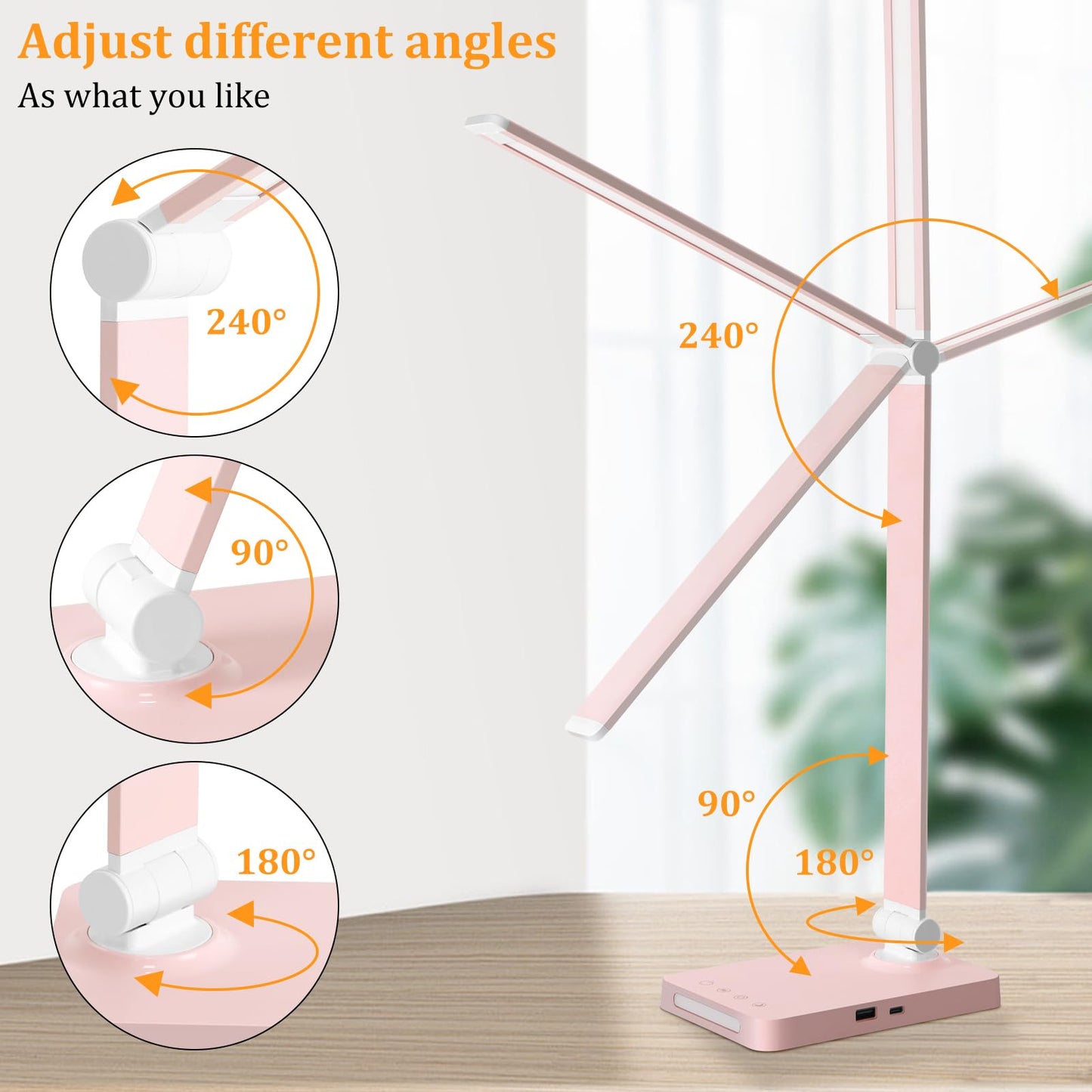 LED Desk Lamp with USB Ports,Touch Desk Lamps for Home Office with 5 Color Modes,3 Brightness Desk Light with Small Night Light,Reading Lamp Table Lamp for Bedroom Bedside Study Black （with adapter）