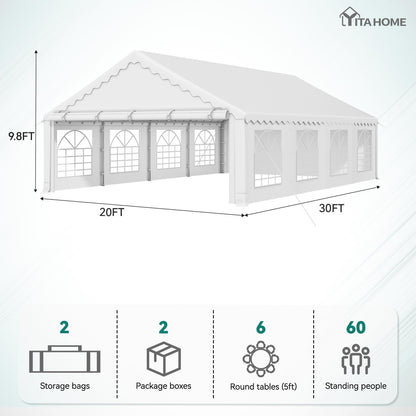 YITAHOME 20x30FT Party PVC White Tent Heavy Duty Wedding Event Shelters Upgraded Galvanized Ripple Canopy with Large Roof Removable Sidewalls & 2 Storage Bags 600D Oxford for Outdoor Weddings, BBQ
