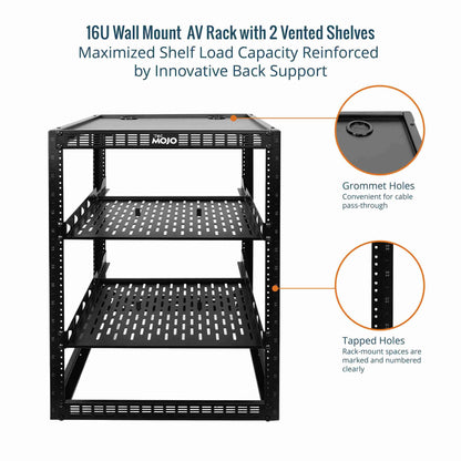 Tecmojo 16U Open Frame Network Rack for IT & AV Gear, AV Rack Floor Standing or Wall Mounted,with 2 PCS 1U Rack Shelves & Mounting Hardware,Network Rack for 19" Networking,Audio and Video Device