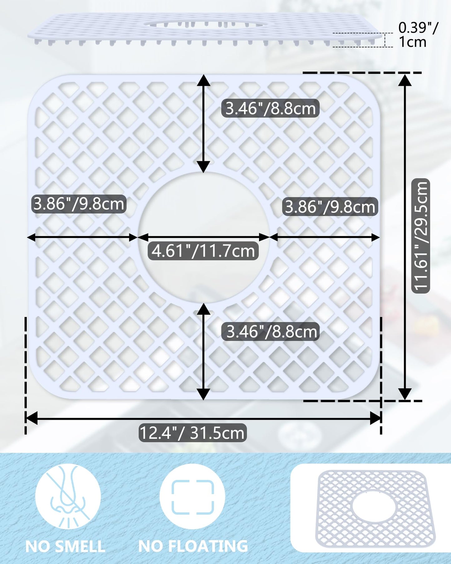 BEHOK 2 Pack Silicone Sink Protector for Kitchen Sink, Trellis Pattern 12 x 11" Sink Grid Mat Silicone Protectors, Center Drain, White