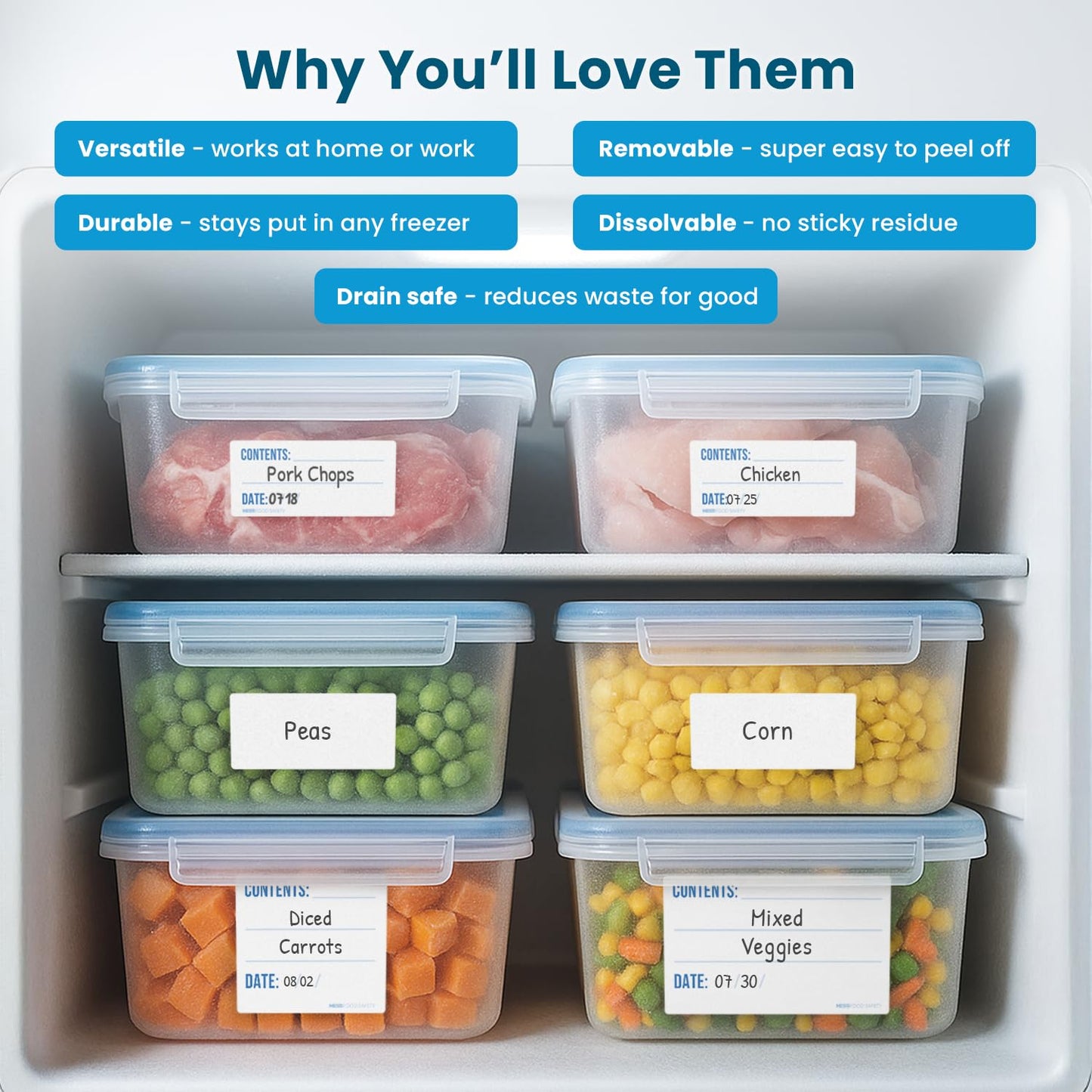 MESS Dissolvable Freezer Labels – 500/Roll Blank Removable Labels for Containers, Food Storage, Bottles, Jars, and Freezer Use (500, 1x2)
