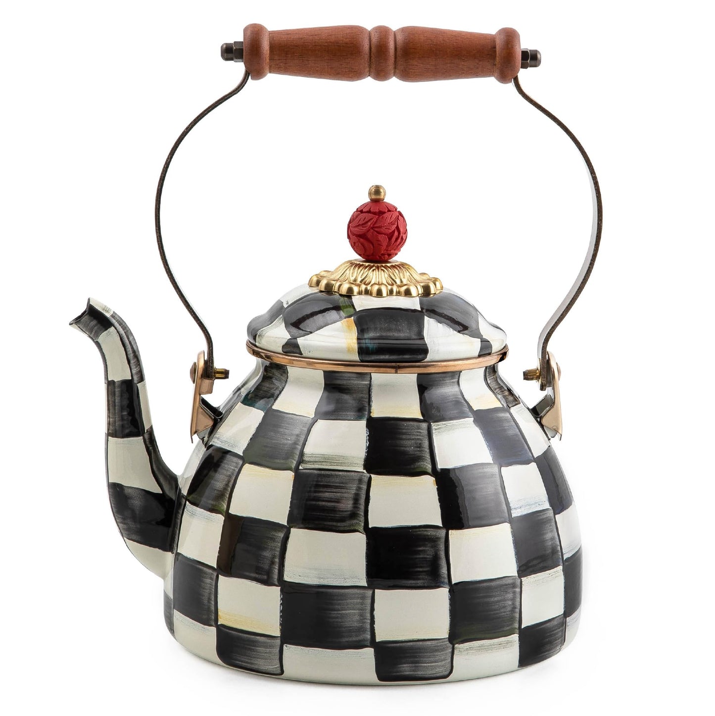 MACKENZIE-CHILDS Enamel Tea Kettle, Stylish Tea Kettle for Stovetop, Black-and-White Courtly Check, 2 Quarts