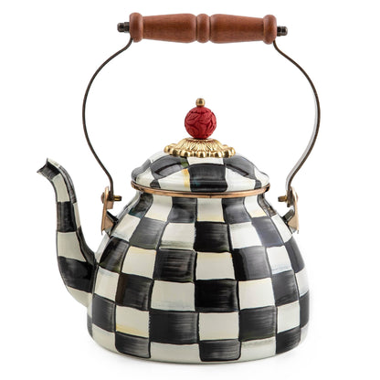 MACKENZIE-CHILDS Enamel Tea Kettle, Stylish Tea Kettle for Stovetop, Black-and-White Courtly Check, 2 Quarts
