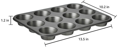 Amazon Basics Nonstick Muffin Pan, Set of 2, Sturdy, Oven Safe, Bakes Evenly, Easy to Clean, 12 Cups, Gray, 13.9x10.55x1.22"