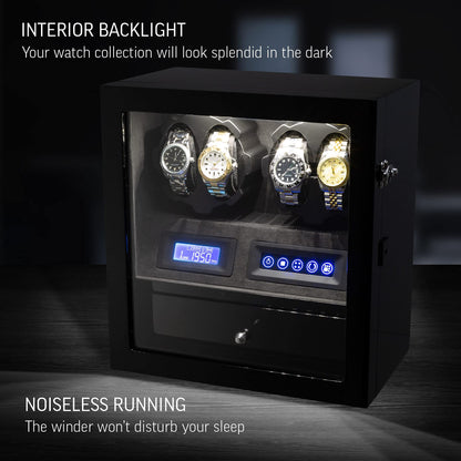 4 Watch Winder with 5 Watch Storage Space, LCD Display, Touch Control and Interior Light (Black + Black)