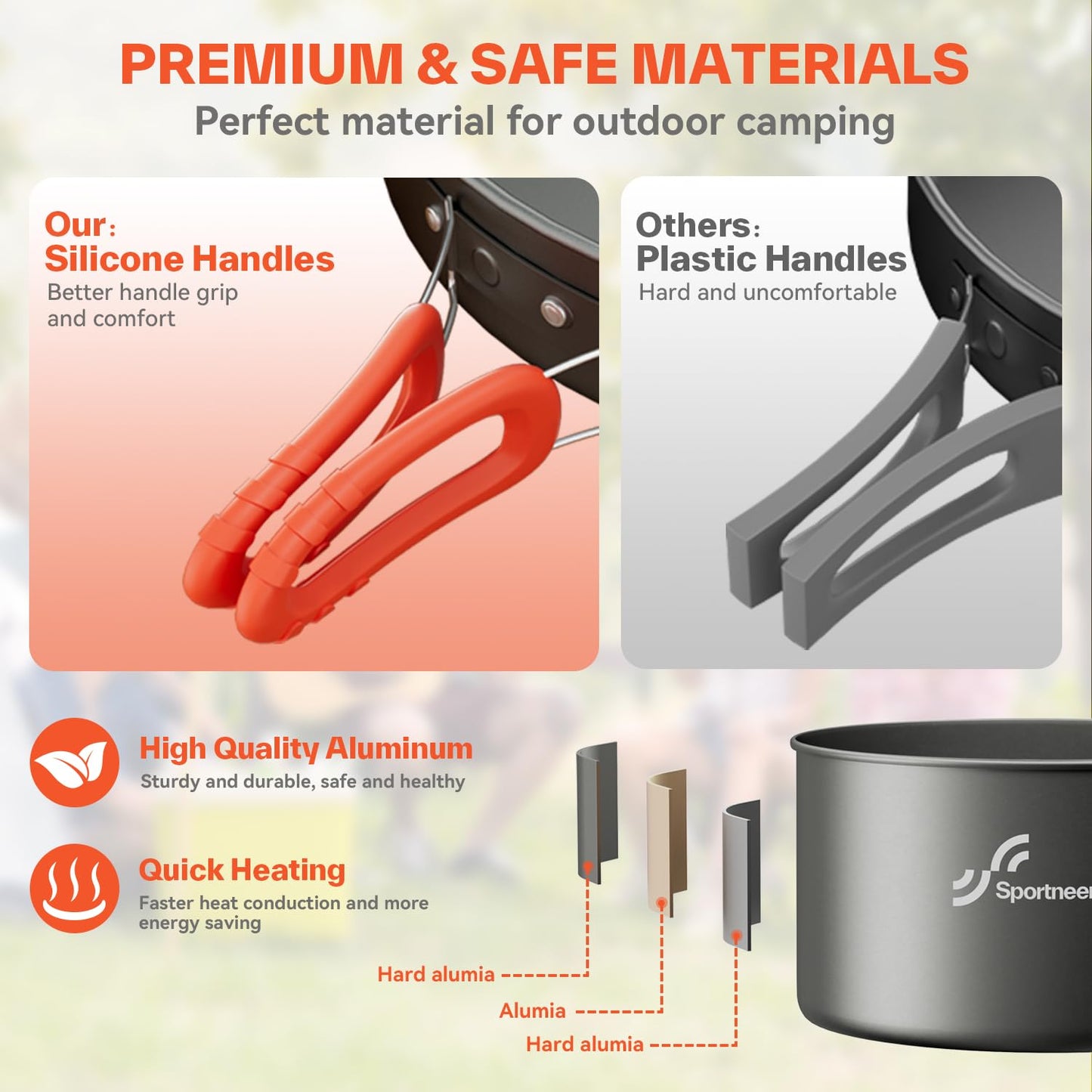 Sportneer Camping Cookware Set, 18Pcs Non-Stick Lightweight Pots, Pan, Kettle with Stainless Steel Cups, Plates, Forks, Knives & Spoons for Camping, Backpacking, Hiking, Outdoor Cooking & Picnic