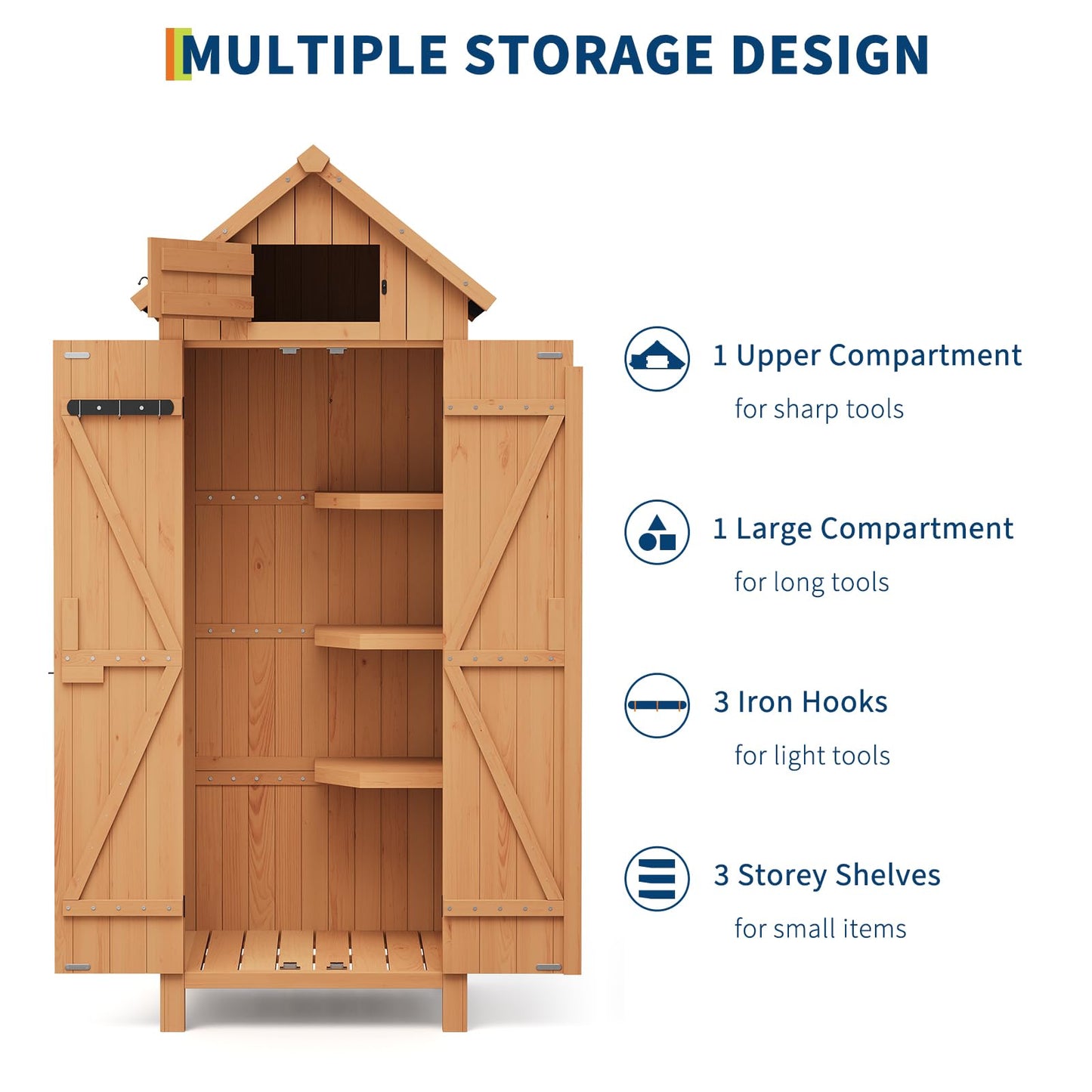 GarveeLife 70 in Outdoor Wooden Storage Shed Waterproof, Vertical Outdoor Storage Cabinet with 3 Shelves, Roof Storage & Lockable Door, Space-Saving Garden Tool Shed for Patio, Yard, Lawn