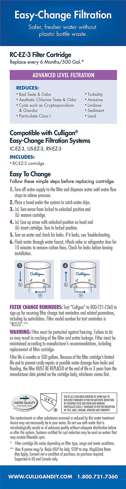 Culligan RC-EZ-3 Easy Change Advanced Water Filtration Replacement Cartridge, 500 Gallons, (Pack of 1)