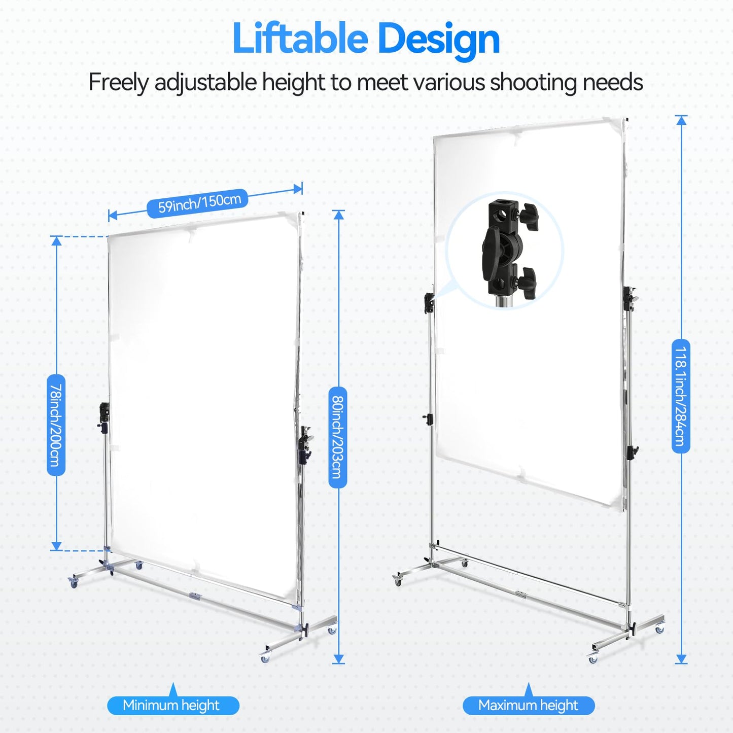 WELLMAKING 79x59 inch Professional Photography Light Diffuser Screen - 360° Rotatable Frame, Quick Setup, Adjustable Stand with Casters for Studio Portrait Video Shooting, White, Silver, Black