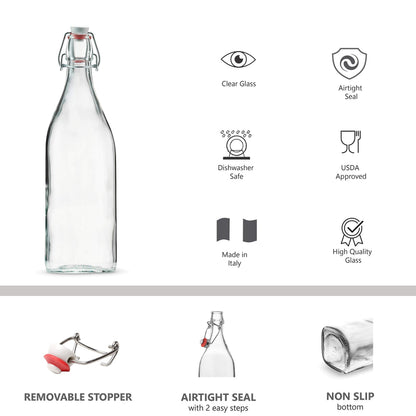 Clear SQUARE Swing Top Glass Bottles With Lids - 33.75 Oz - Airtight Flip Top Glass Water Bottles Great For Oil And Vinegar, Beverages, Juices, Smoothies - (2 Pack) (Not For Carbonated Beverages)