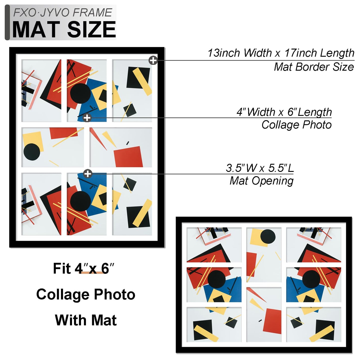 Fxojyvo 4x6 Picture Frame Collage, Display 8 4x6 Picture Collage or 13x17 Photo Only Without Mat, Light Weight and High Transparent Frame for Wall - 1 Pack/Black/8-Openings