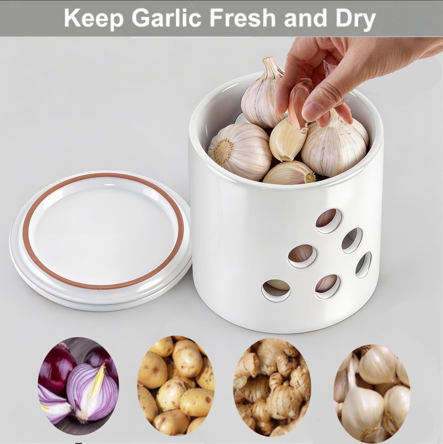 LEEPENK Garlic Keeper,Vented Clay Garlic Storage Container Saver with Lid and 12 Air Vent,Reserve for Garlic, Onion, Lemon, Patato or Ginger (White Glazed)