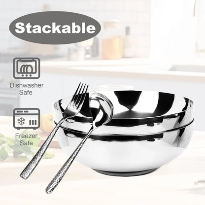 LANGMINGDE 6-Piece 304 Stainless Steel Pasta Bowl Set, 47 Fl Oz (8.7 Inches), Double-Layer Insulated And Heat-Resistant, Salad Bowl, Chilled Bowl, Ice Cream Bowl, Party Sauce Seasoning, Dining Bowl.
