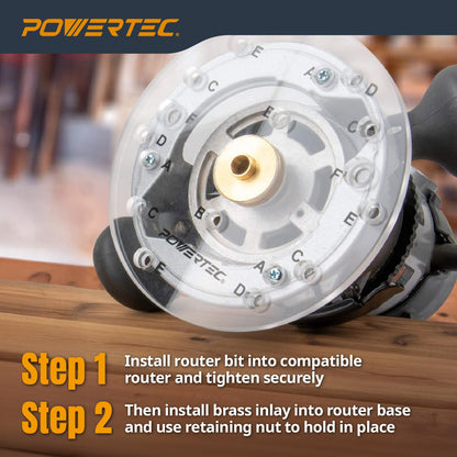 POWERTEC Router Brass Inlay Kit with Bushing Guide Set + Centering Pin, Collar & 1/8" Diameter x 1/4" Shank Solid Carbide Bit, Compatible w/ 1/4" Router Templates for Woodworking (71333)