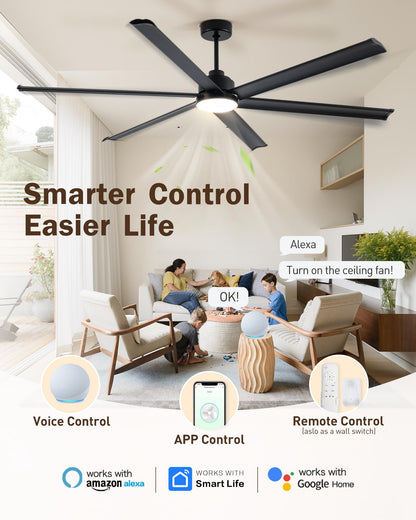 Minislak 84" Smart Alexa Industrial Ceiling Fans with Light,6 Dual-Layer Aluminum Blades,Large Black Ceiling Fan with 6 Speed Noiseless DC Motor,Indoor/Outdoor Ceiling Fan for Patio