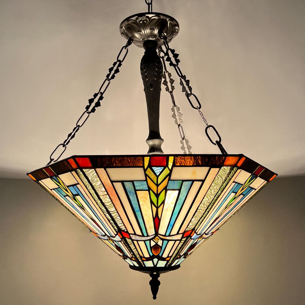 COTOSS Tiffany Pendant Light Fixtures,22" Wide Large Stained Glass Inverted Ceiling Pendant for Dining Room,Antique Style 3 Lights Hanging Lamp for Living Room Lobby Stairway
