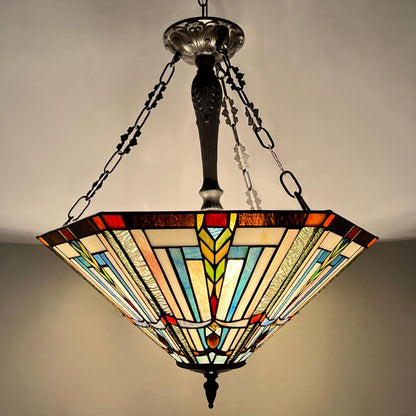 COTOSS Tiffany Pendant Light Fixtures,22" Wide Large Stained Glass Inverted Ceiling Pendant for Dining Room,Antique Style 3 Lights Hanging Lamp for Living Room Lobby Stairway