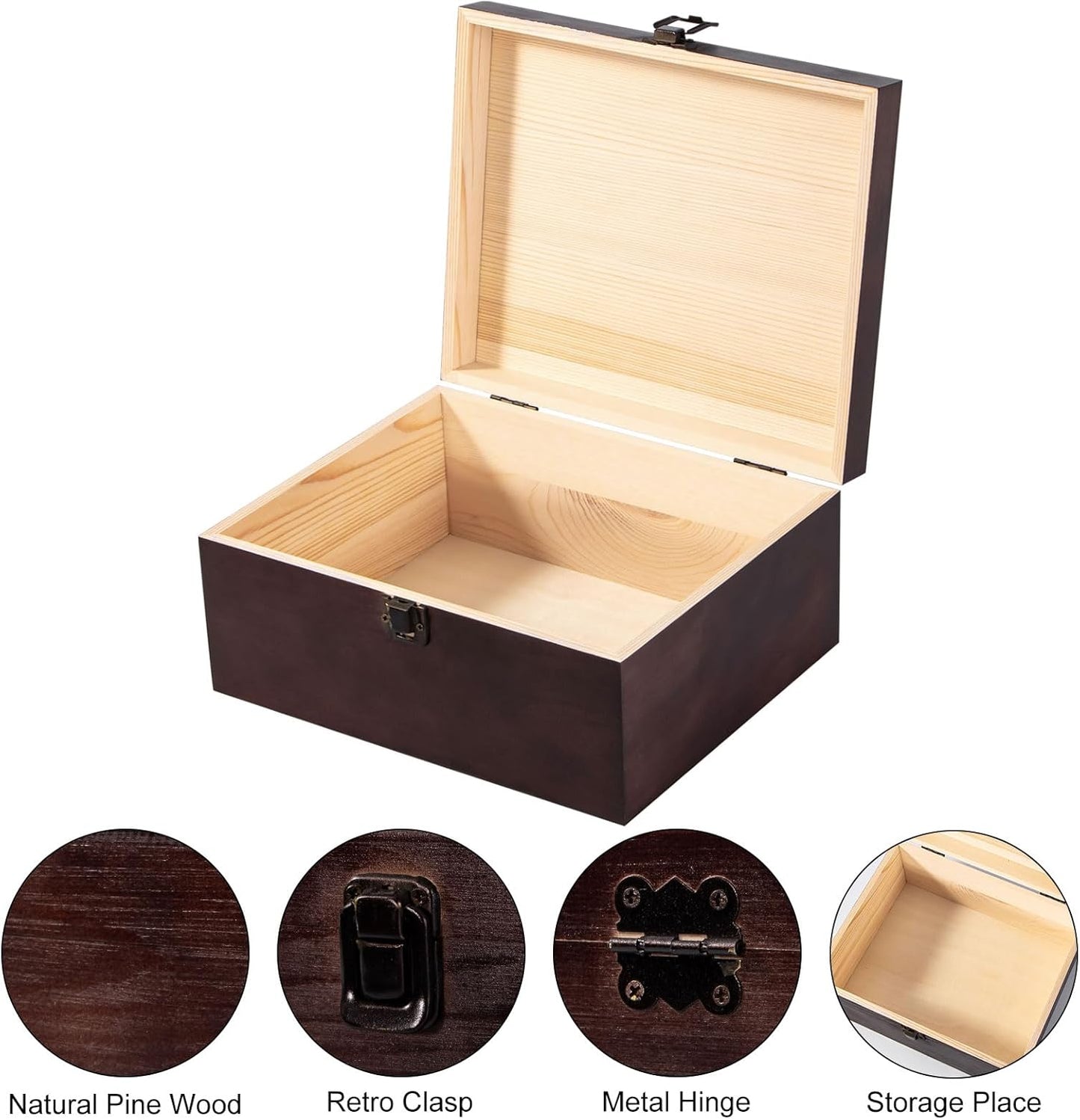Vintage Wooden Storage Box with Hinged Lid, 9.4'' x 7.7'' x 4.3'' Large Keepsake Box for Crafts