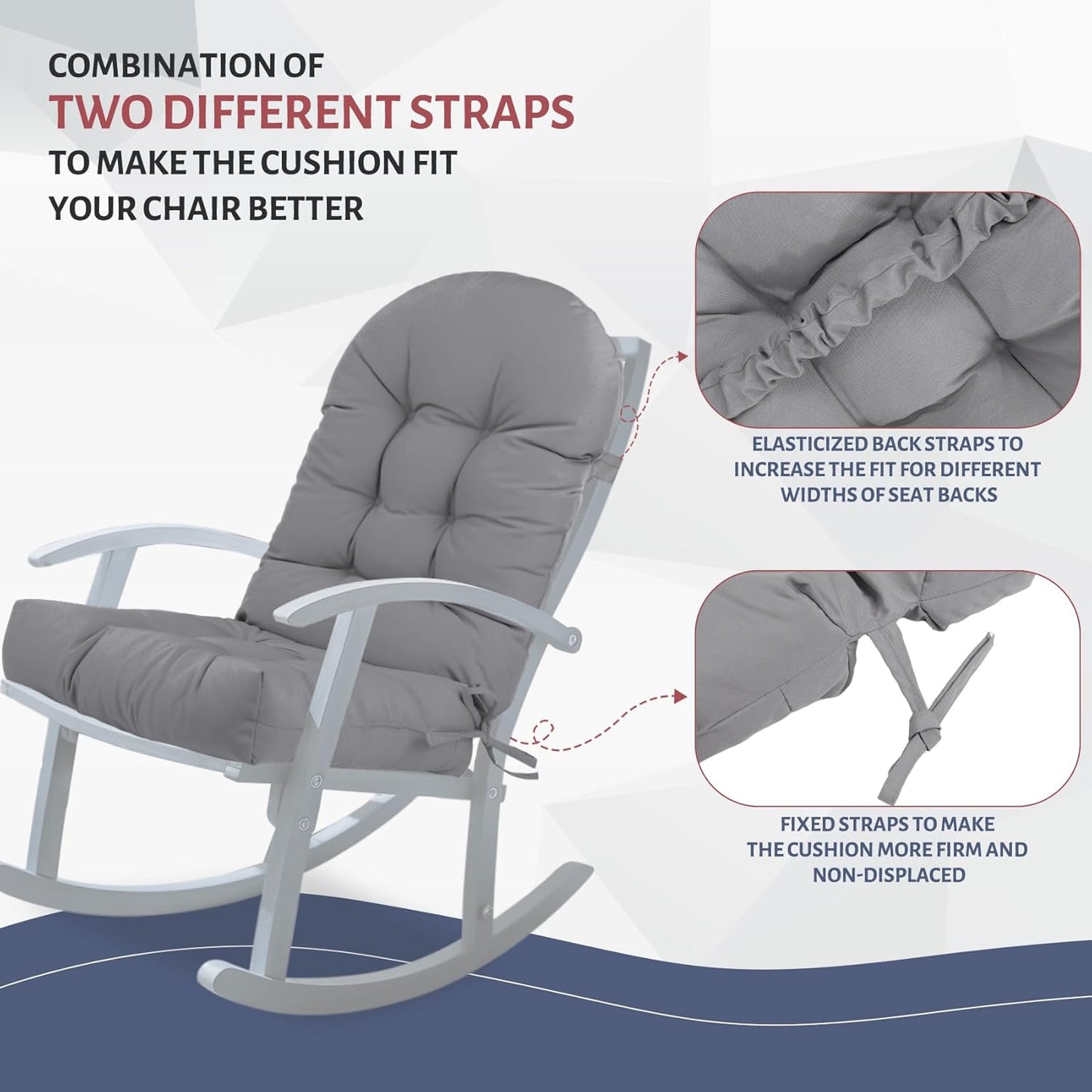 44x19x4in Adirondack Chair Cushion,Outdoor Waterproof Rocking Chair Cushion Gray Non-Slip High Back Patio Chair