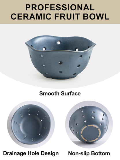 Gomakren Ceramic Berry Basket Set of 2, Elegant Fruit Bowl with Holes for Kitchen Counter, 6 Inch, Berries, Strawberry, Grape, Cherry, Floral Shape, Slate Blue, Dishwasher Safe