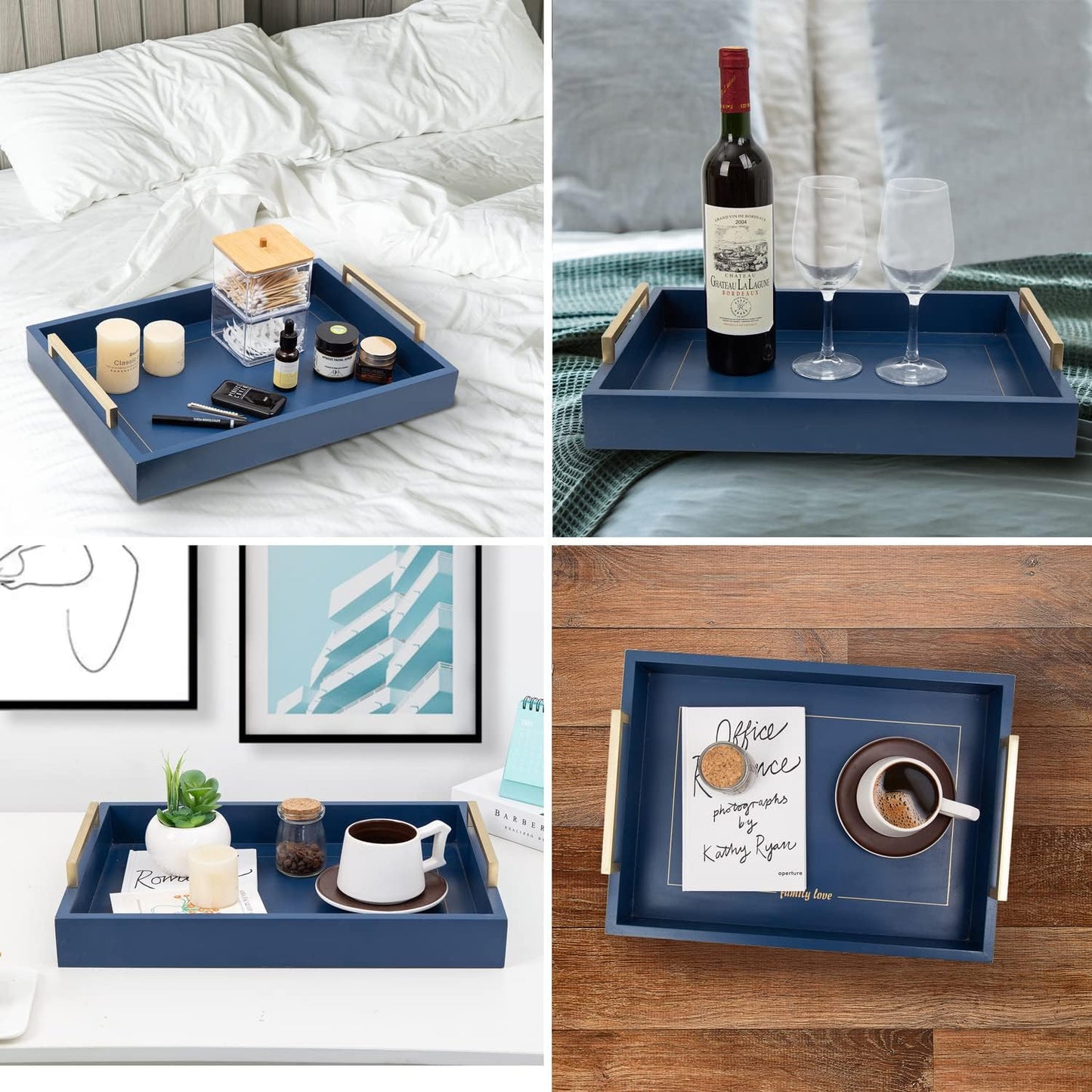 16"x12" Decorative Coffee Table Ottoman Trays Modern Wood Elegant Rectangle Glossy Shagreen Serving Trays