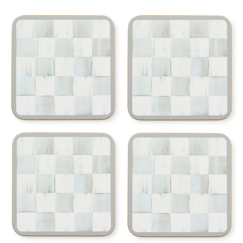 MACKENZIE-CHILDS Square Cork-Back Coaster Set, Table Coasters for Drinks, Set of 4, Gray-and-White Sterling Check