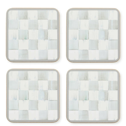 MACKENZIE-CHILDS Square Cork-Back Coaster Set, Table Coasters for Drinks, Set of 4, Gray-and-White Sterling Check
