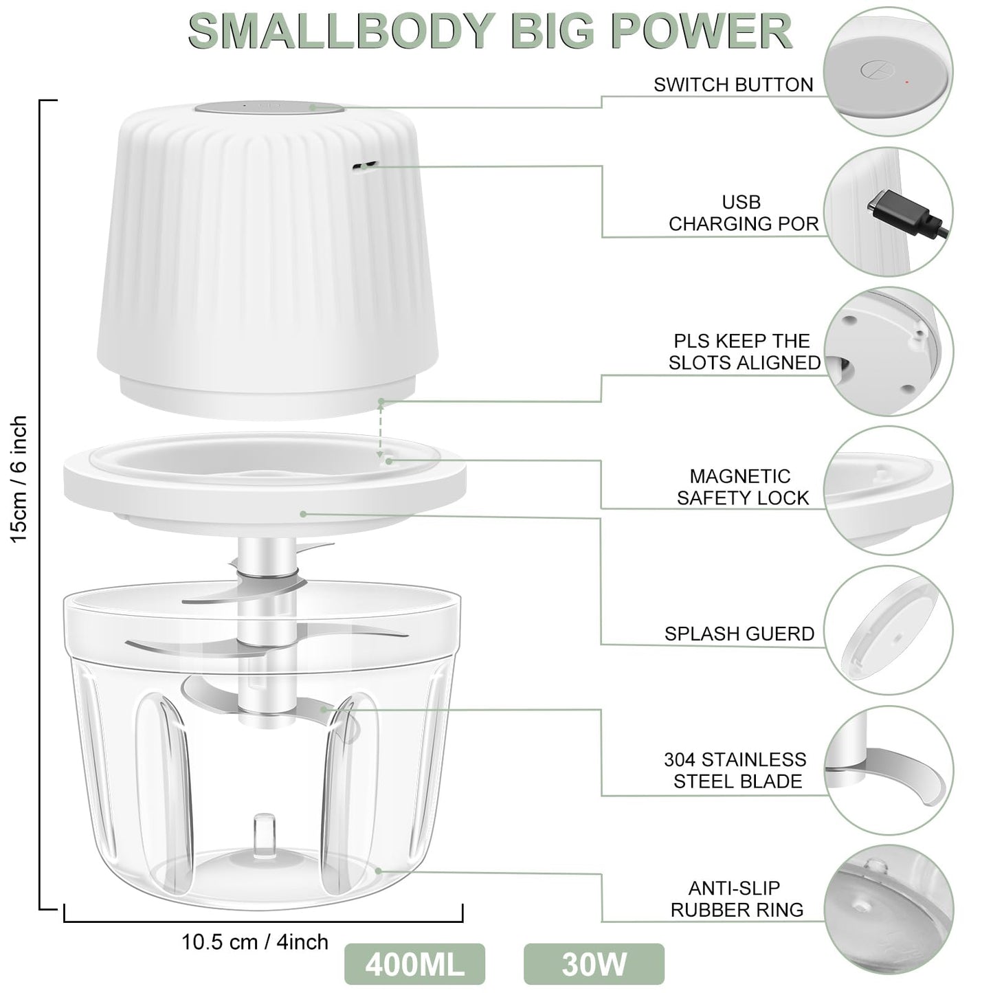 400ML Electric Garlic Chopper, 6 Blades Garlic Grinder Mini Vegetable Chopper, USB Portable Veggie Chopper, Onion Mincer, Food Processor for Ginger, Chili, Fruit, Meat